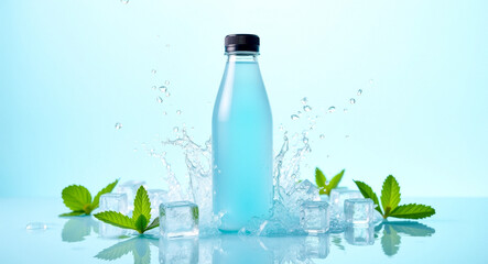 bottle of light blue liquid with ice cubes and mint leaves