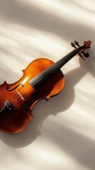Fototapeta premium Elegant wooden violin resting on a soft surface with natural light