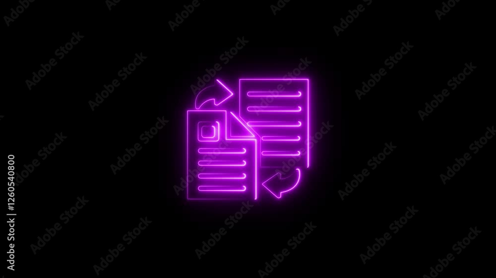 Poster glowing neon file with an outward arrow icon animation. file export glyph icon. document copy glyph 