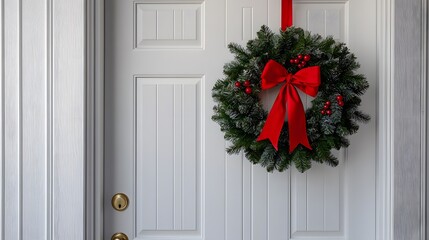 Fototapeta premium Elegant white wooden door displays traditional brass mail slot and classic evergreen Christmas wreath with red ribbon, featuring vintage doorknob and vertical paneling details.