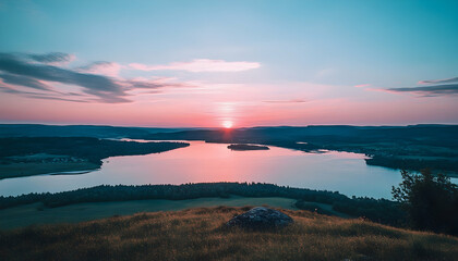 Serene sunset over a tranquil lake, nestled amidst rolling hills and lush greenery.  A picturesque landscape bathed in warm, pastel hues.