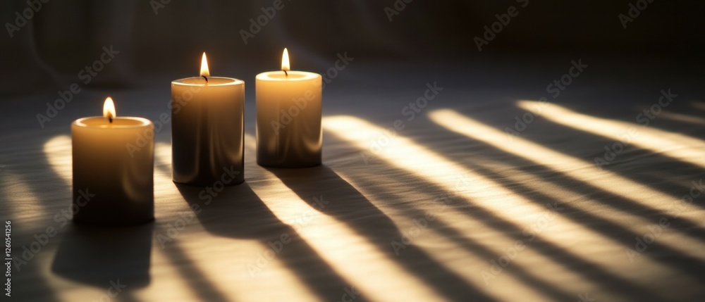 Poster tranquil scene of three candles casting shadows on a soft surface