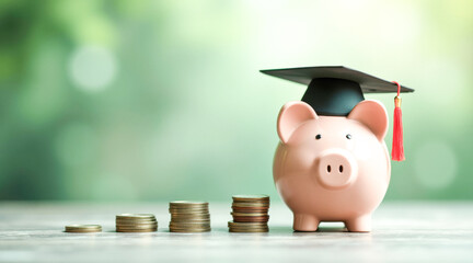 pink piggy bank wearing a graduation cap next to growing stacks of coins