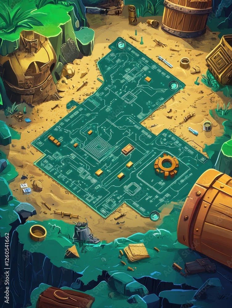 Poster digital circuit board treasure map - cartoon style website background illustration with tech element