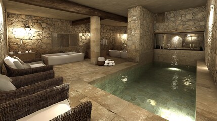 Serene Spa Interior Calm Water Reflecting Warm Light. AI Generated