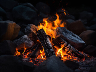 Campfire crackling among stones at night in a tranquil outdoor setting