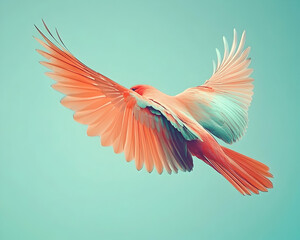 Obraz premium A vibrant coral-colored bird in flight against a serene aqua sky, showcasing its exquisitely detailed wings.