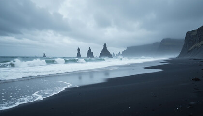 Black sand beach with sea stacks in misty weather