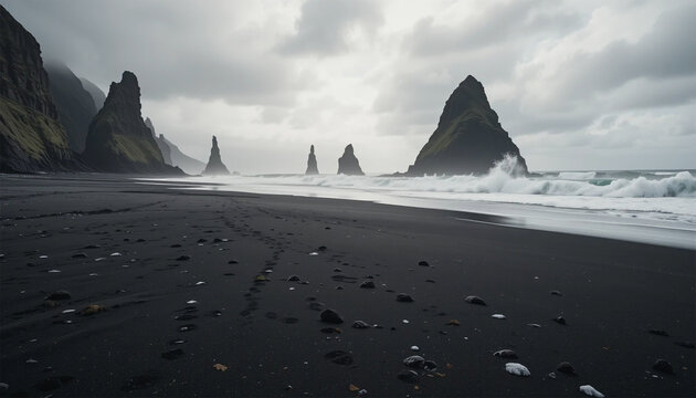Black sand beach with sea stacks in misty weather - Powered by Adobe