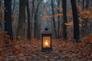 Autumn forest path lantern light
