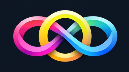 Vibrant rainbow infinity symbol gracefully intertwines against dark background. AI Generated
