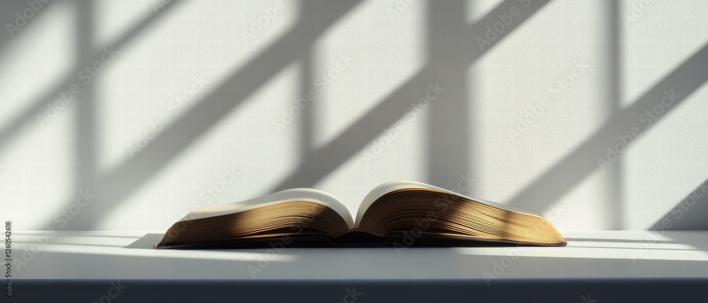 Aufkleber open book on white table with natural light and shadow patterns