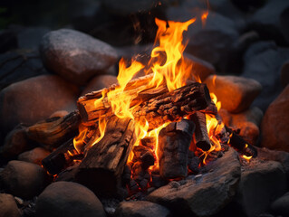 Cozy campfire flickers among stones creating a warm atmosphere at night
