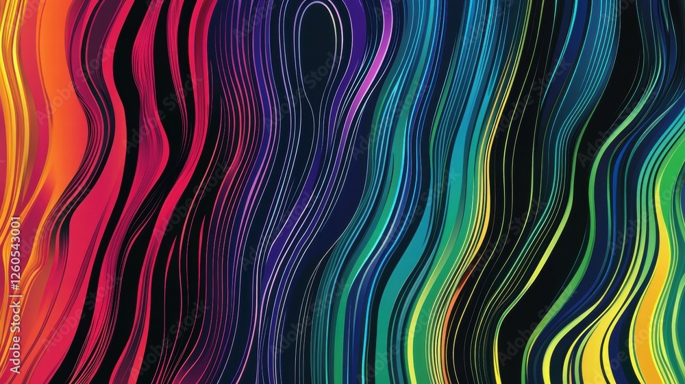 Poster vibrant multicolored wavy lines on dark background for abstract art