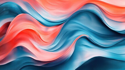 Abstract vibrant teal and coral wave patterns background with fluid motion. Featuring dynamic waves, ideal for energetic and eye-catching visuals.