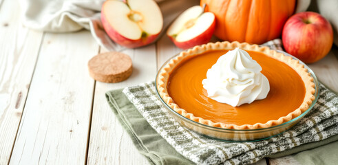 classic pumpkin pie topped with whipped cream
