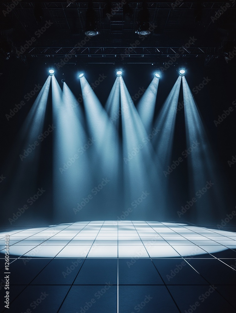 Fototapete empty performance stage with light squared floor and illuminated from spotlights on top. 3d renderin