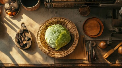 Overhead view of a cabbage on a rustic kitchen counter, surrounded by kitchen utensils and warm hues.