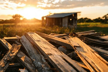 Fototapeta premium Sunset at rural old shed with wood pile in foreground
