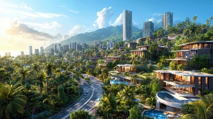 Naklejka premium Luxury Hillside Residences: Tropical Cityscape with Breathtaking Ocean Views