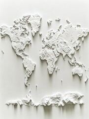 3D World Map, Intricate white 3D world map with detailed textures and shadows, Global Representation.