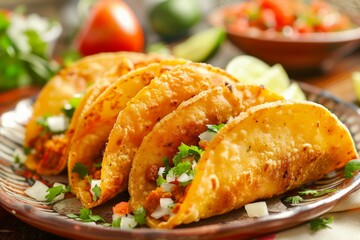 Vibrant tacos with garnish on ornate platter. AI generated