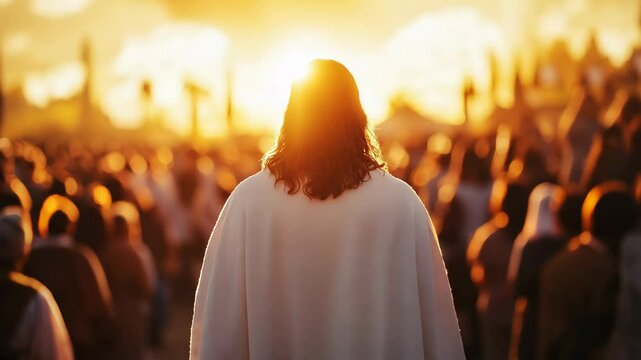 Jesus Christ walks through a picturesque area and prays to God.