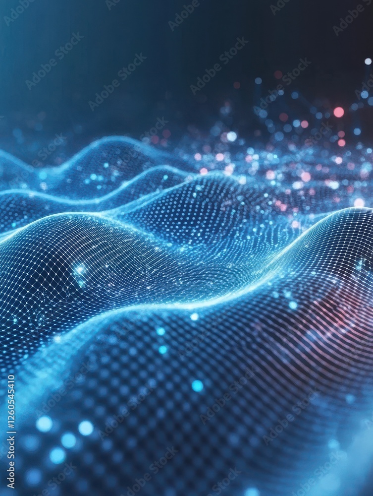 Poster abstract blue tech background with digital waves, dynamic network system, artificial neural connecti