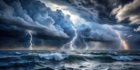 Fototapeta premium Dark grey storm clouds gather over the turbulent sea, with lightning illuminating the darkened sky and wind whipping the waves into a frenzy , storm clouds, heavy rain