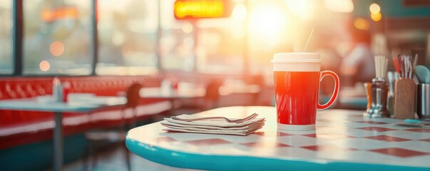 Vintage retro diner interior. A cozy diner scene featuring a mug of beer on a table with a warm, glowing sunset in the background.