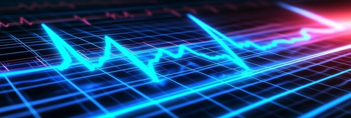 Glowing Blue EKG Heartbeat Line Pulsating on a Digital Grid, Abstract Medical Background