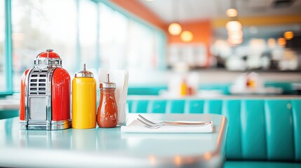 Vintage retro diner interior. Classic diner scene featuring colorful condiment bottles on a retro...