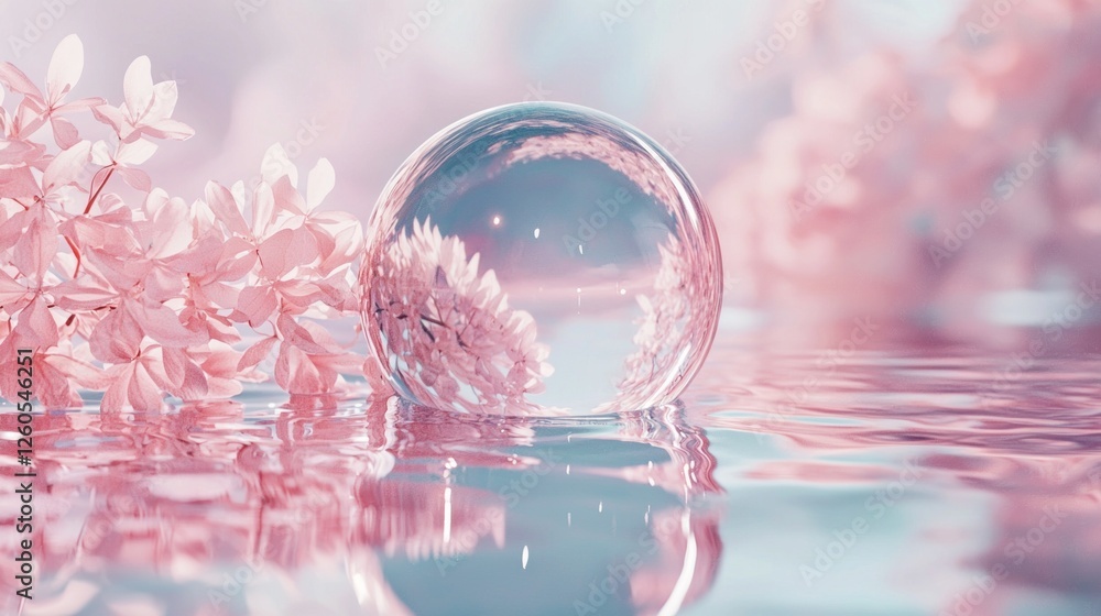 Poster surrounded by soft pink blooms, a translucent bubble floats atop a serene surface, reflecting the be