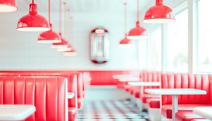 Vintage retro diner interior. Bright retro diner interior featuring red seating and pendant...