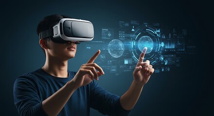 Person Experiencing Virtual Reality with Futuristic Interface and Immersive Technology