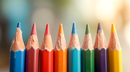 close-up of a row of colorful pencils showing various degrees of wear on tips