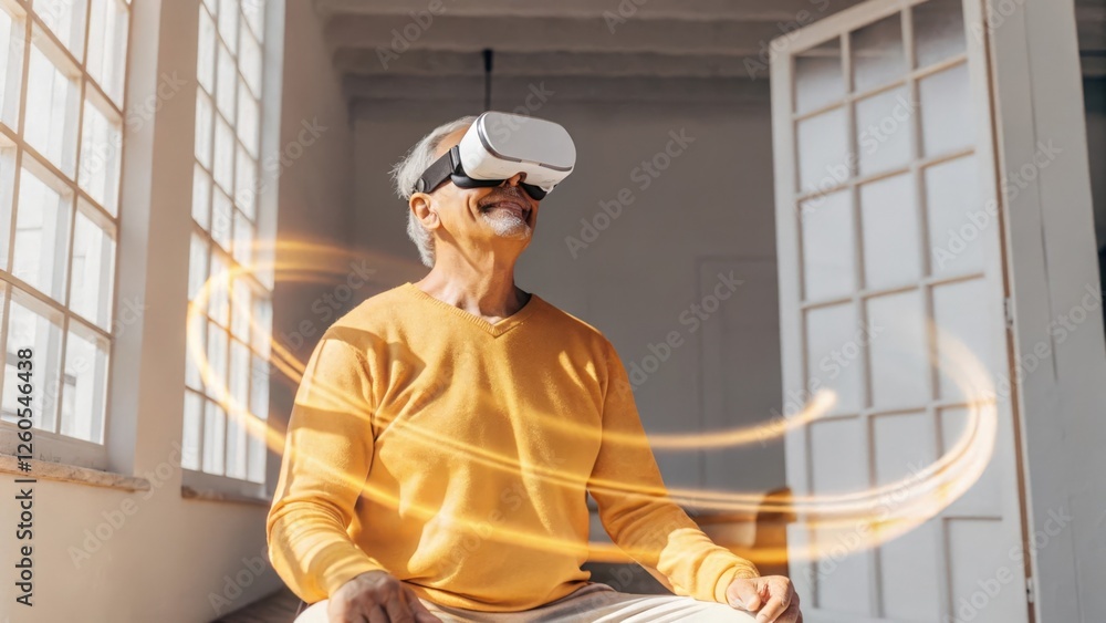 Poster a thoughtfully smiling elderly man engaging in a guided meditation session through an augmented real