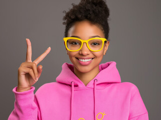 Portrait of a cheerful woman in a pink sweatshirt and yellow glasses, pointing to the side with her fingers while making an OK gesture, set against a neutral grey background, exuding a positive and fu