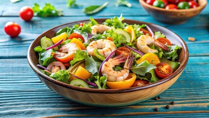Fresh mixed greens salad with succulent shrimp and crunchy vegetables served in a colorful bowl, seafood salad
