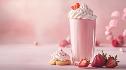 Strawberry Dream: A creamy milkshake, topped with whipped cream, beside a cookie and fresh strawberries.