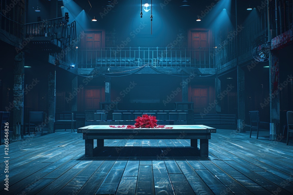 Poster A stage with a table in the middle and a red rose on it