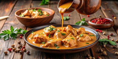 Rich, creamy butter chicken sauce being poured over tender chicken pieces on a wooden table
