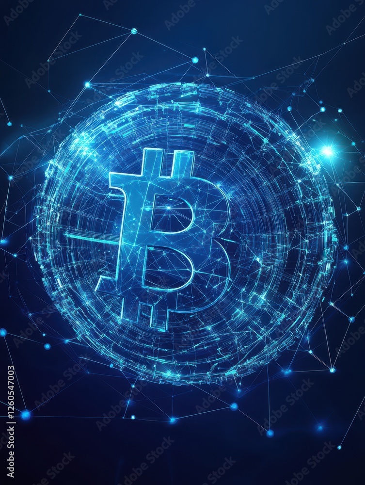 Poster blockchain technology futuristic hud background with world globe and blockchain polygon peer to peer