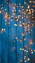 Fototapeta premium Warm Christmas Lights on a Blue Wooden Wall