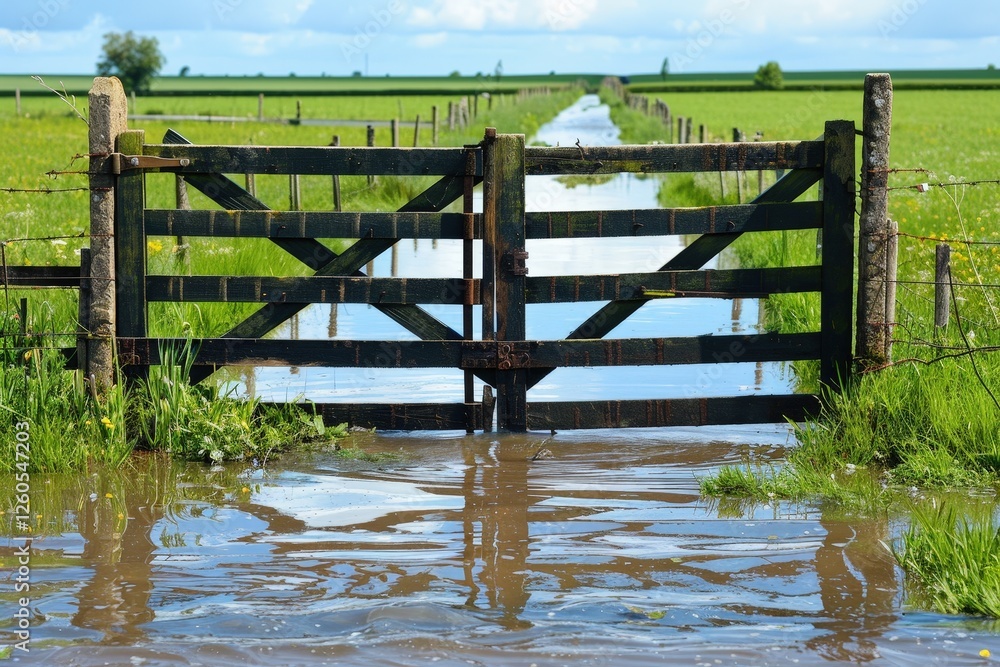 Poster a gate is open in a field with water flowing through it