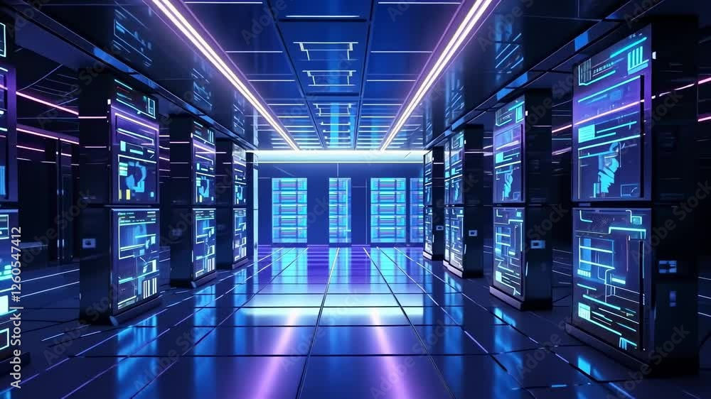 Poster futuristic data center with neon lights and digital screens. wide-angle shot creates a sci-fi video 
