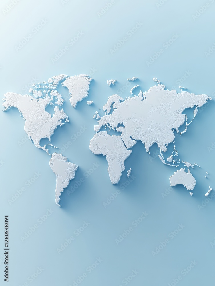 Poster minimalistic 3d world map on a soft blue gradient background. simplified earth representation. gener