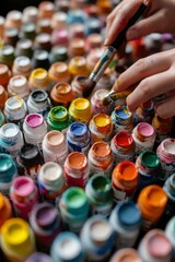 Artist choosing paint colors from collection of jars at studio, art projects