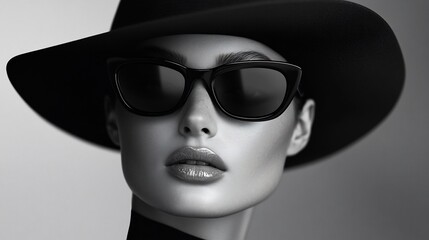 Monochromatic Elegance: A Stylish Woman in a Wide-Brimmed Hat and Sunglasses