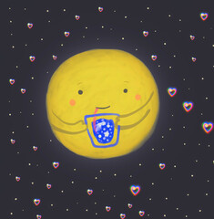 Round cute yellow moon on the background of a dark starry cosmic sky, she smiles, holds a glass with stars and drinks cosmic lemonade. Illustration in the cosmic children's style.